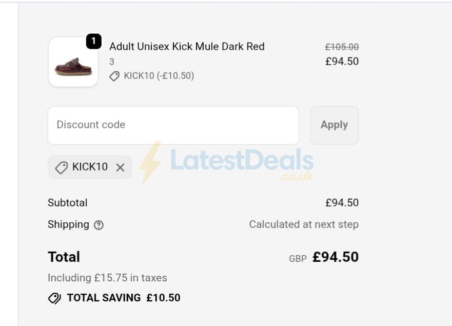 Screenshot of the Kickers discount code working
