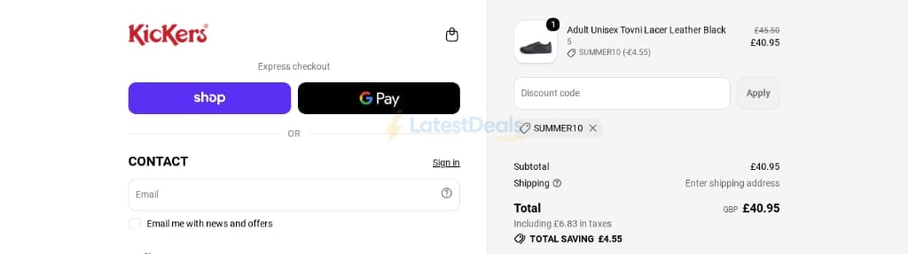 Screenshot of the Kickers discount code working