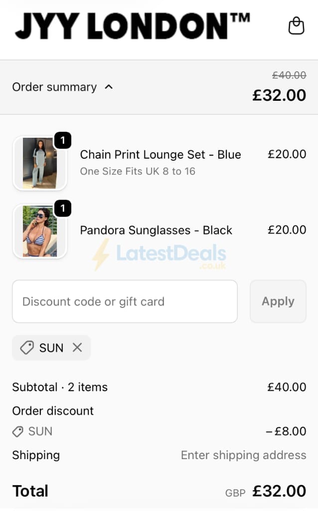 Screenshot of the JYY London discount code working