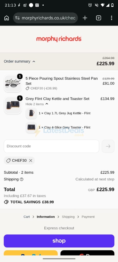 Screenshot of the Morphy Richards discount code working