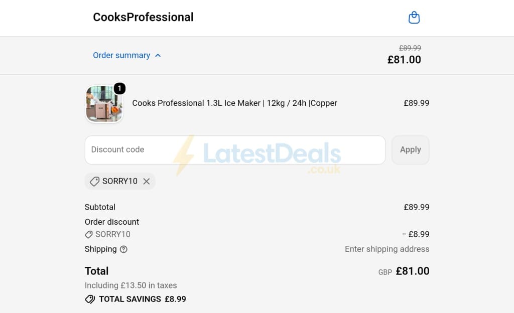 Screenshot of the Cooks Professional discount code working