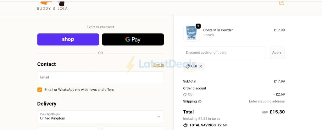 Screenshot of the Buddy & Lola discount code working