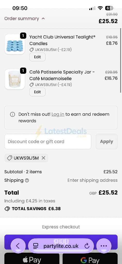 Screenshot of the PartyLite discount code working