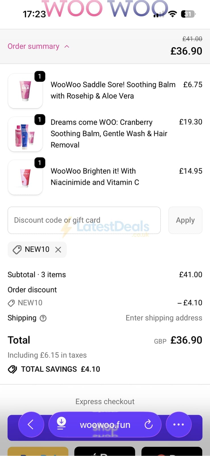 Screenshot of the WooWoo discount code working