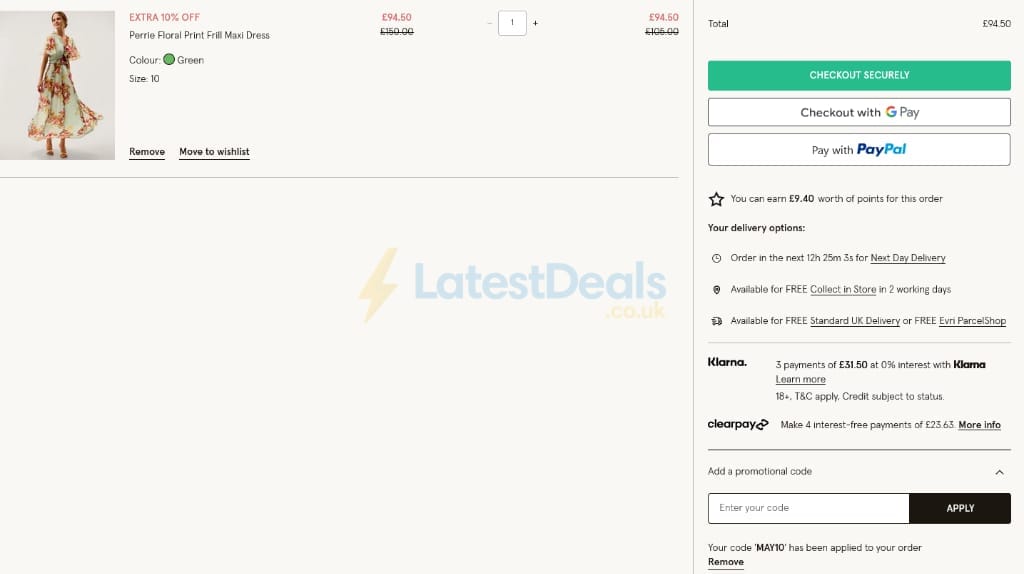 Screenshot of the Monsoon discount code working