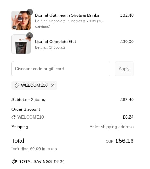 Screenshot of the Biomel discount code working