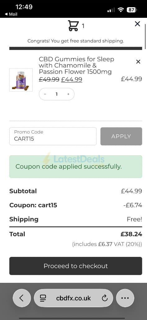 Screenshot of the CBDFX discount code working