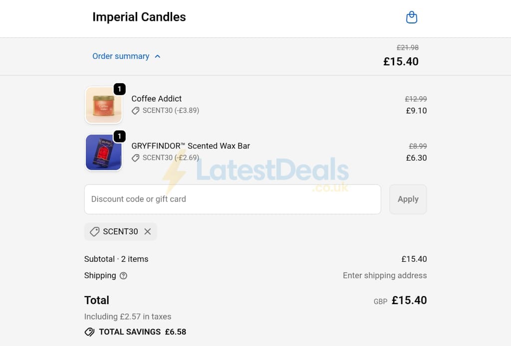Screenshot of the Imperial Candles discount code working
