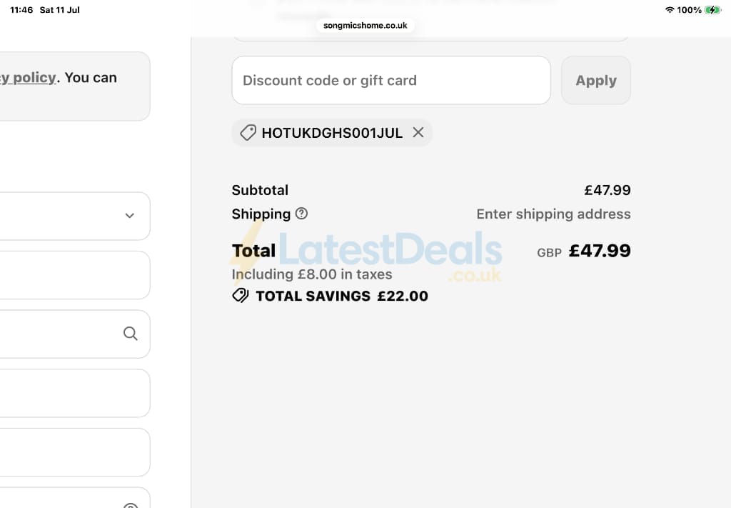 Screenshot of the Songmics discount code working