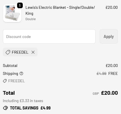 Screenshot of the TJ Hughes discount code working