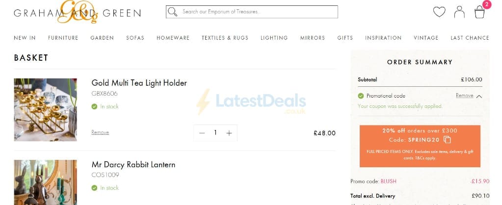 Screenshot of the Graham and Green discount code working