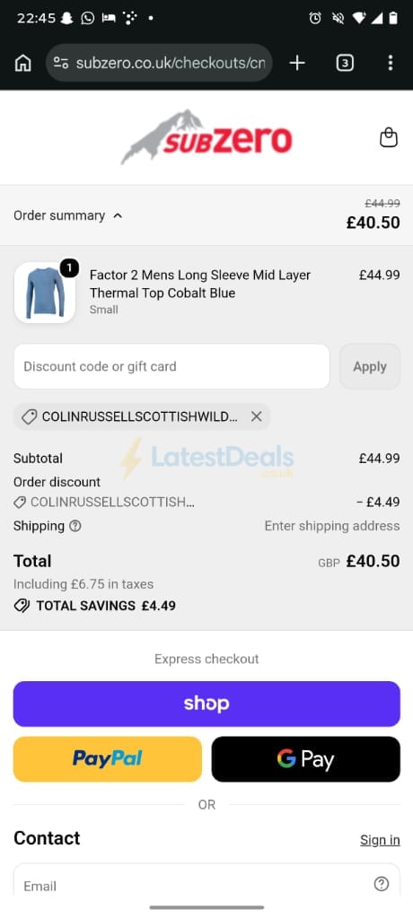 Screenshot of the Subzero discount code working