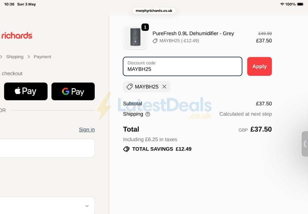 Screenshot of the Morphy Richards discount code working