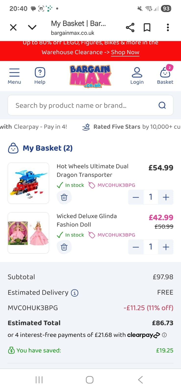 Screenshot of the BargainMax discount code working