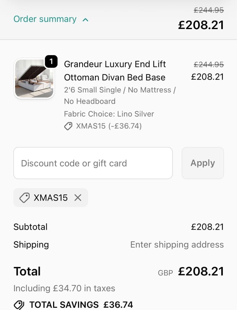 Screenshot of the Divan Base Direct discount code working