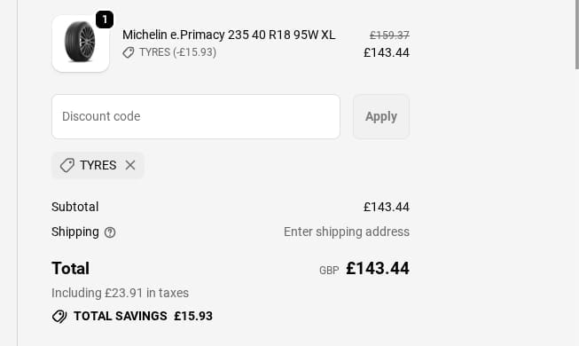 Screenshot of the Tire Streets discount code working