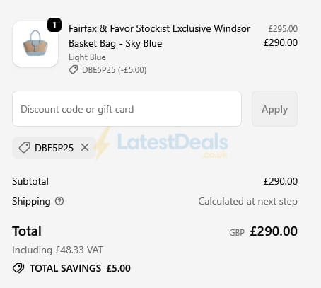 Screenshot of the Millbry Hill discount code working