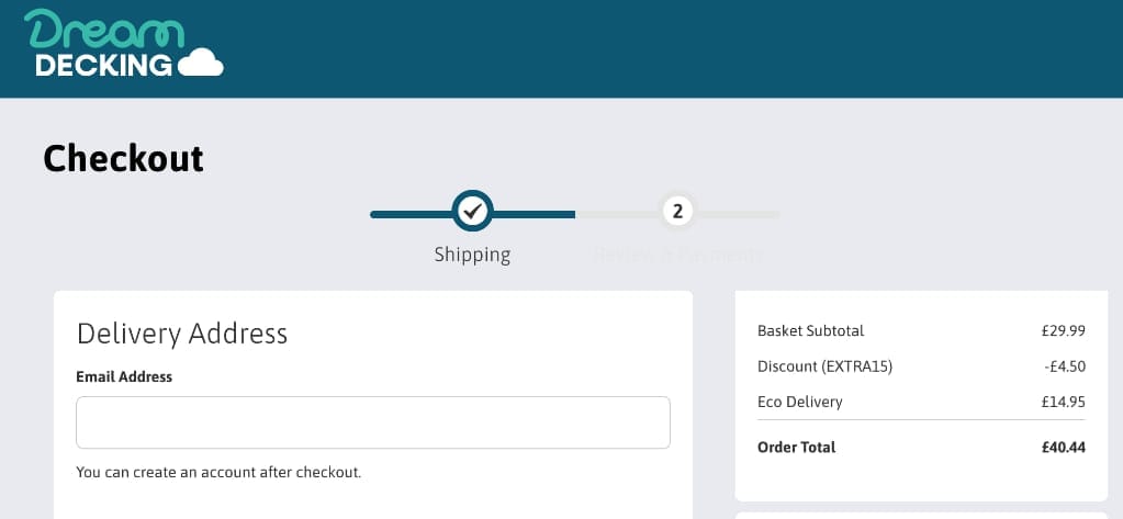 Screenshot of the Dream Decking discount code working