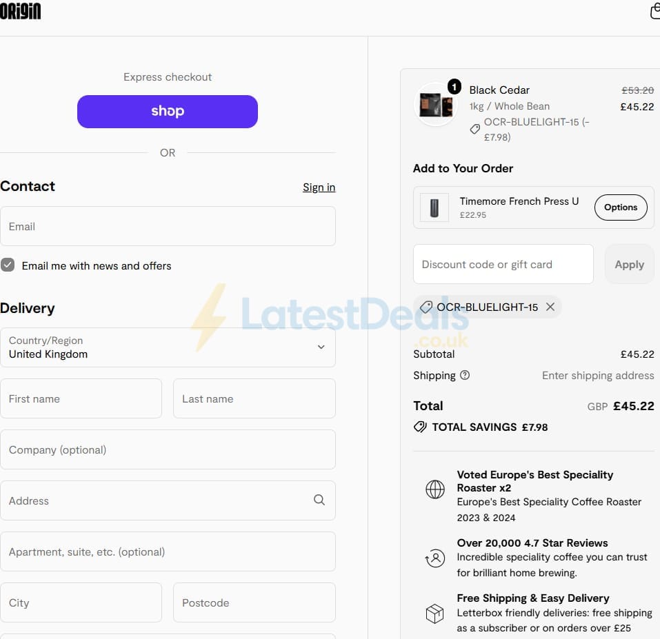 Screenshot of the Origin Coffee discount code working