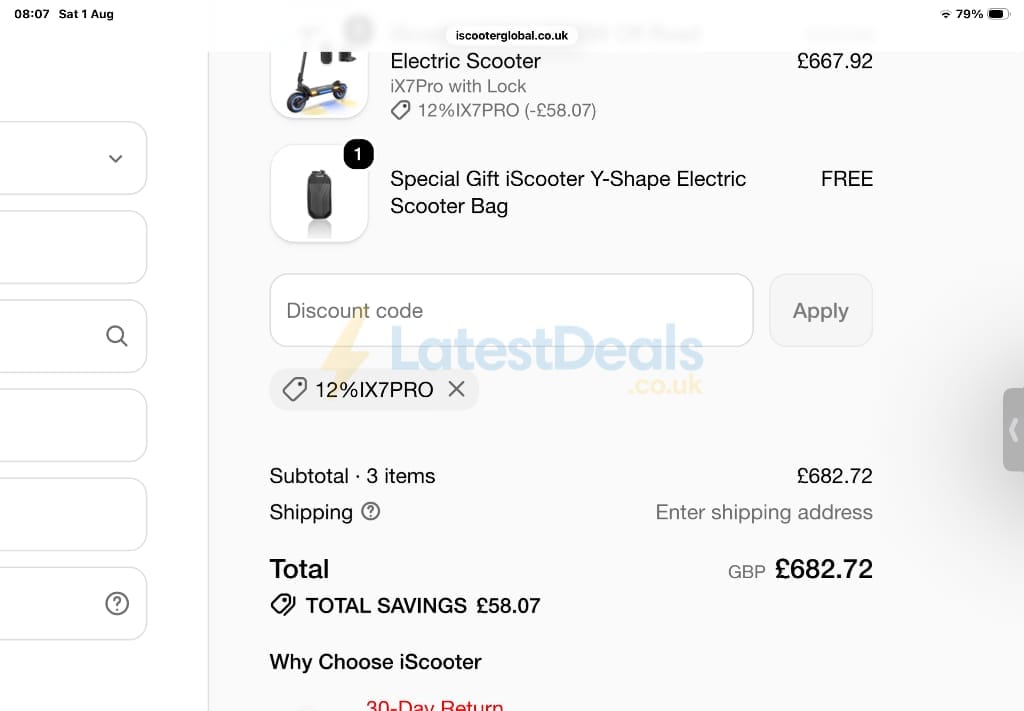 Screenshot of the iScooter discount code working