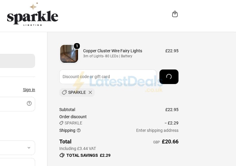 Screenshot of the Sparkle discount code working