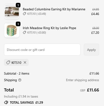 Screenshot of the Spoilt Rotten Beads discount code working