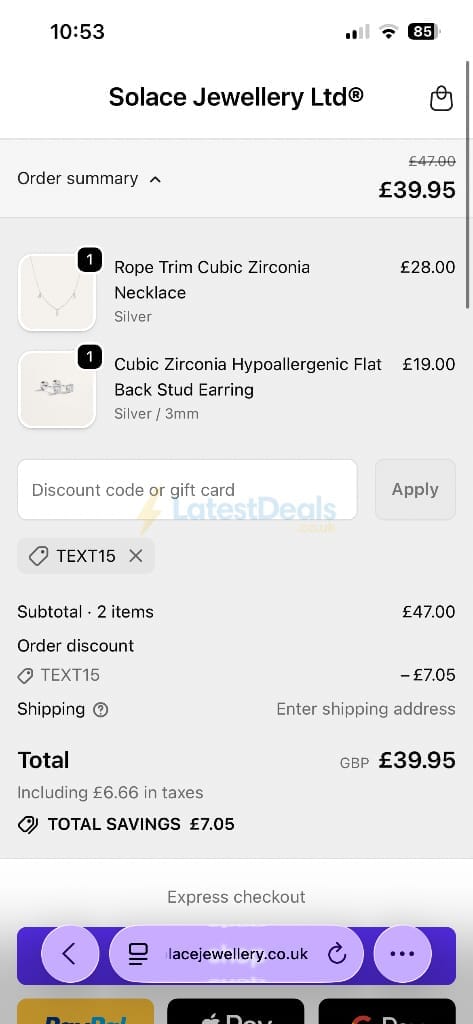 Screenshot of the Solace Jewellery discount code working