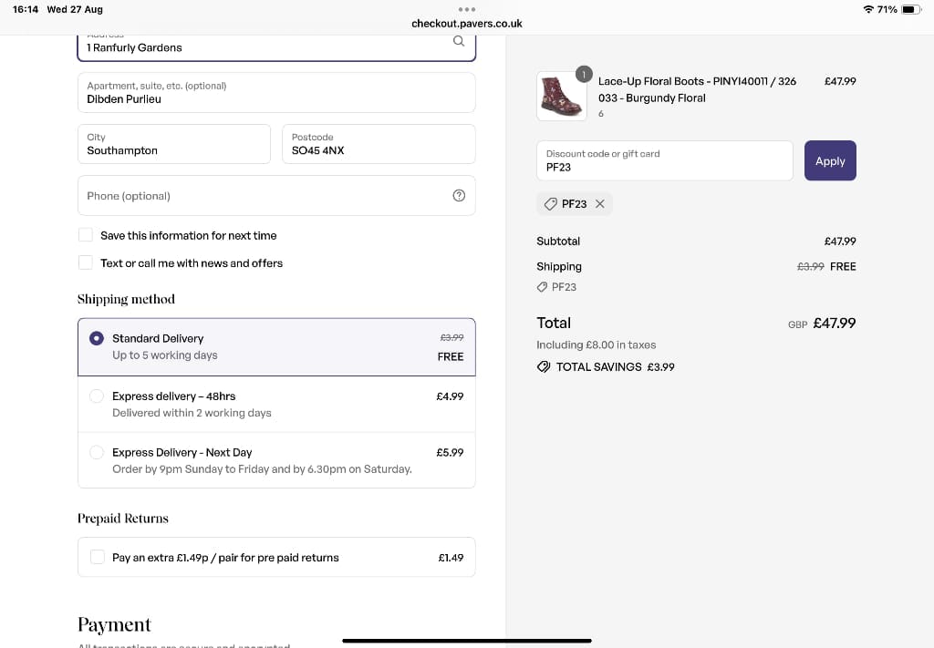 Screenshot of the Pavers discount code working