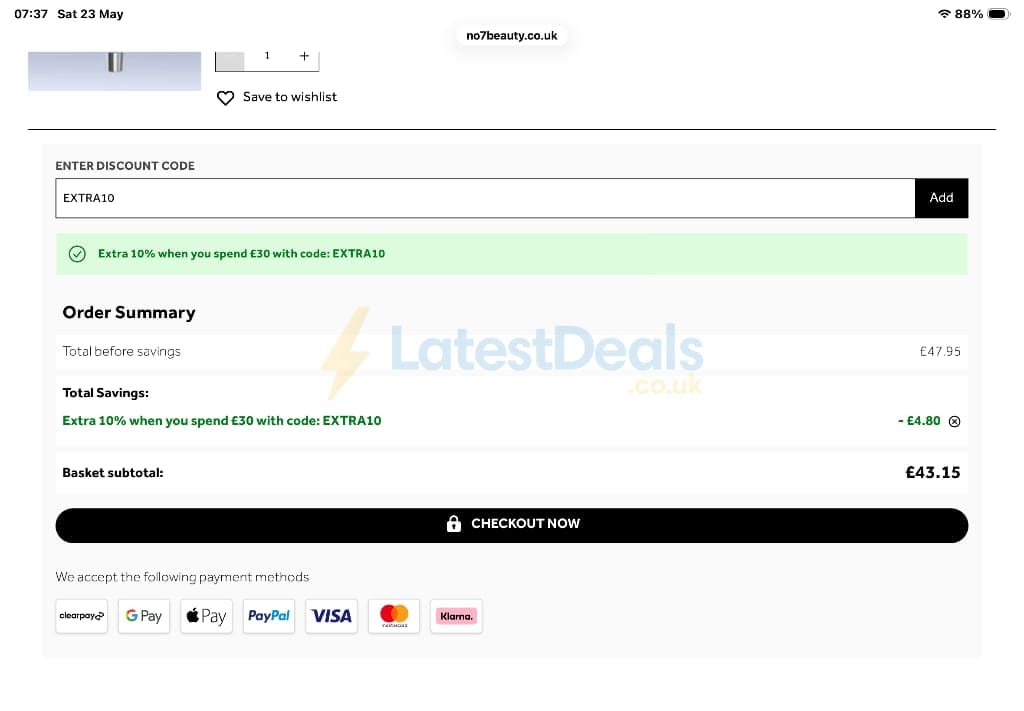 Screenshot of the No7 Beauty discount code working
