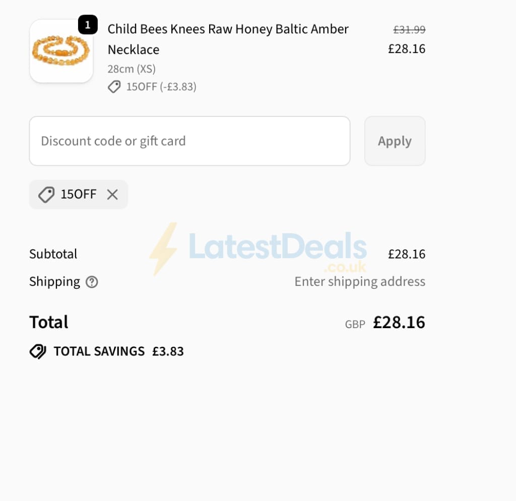 Screenshot of the Love Amber X discount code working
