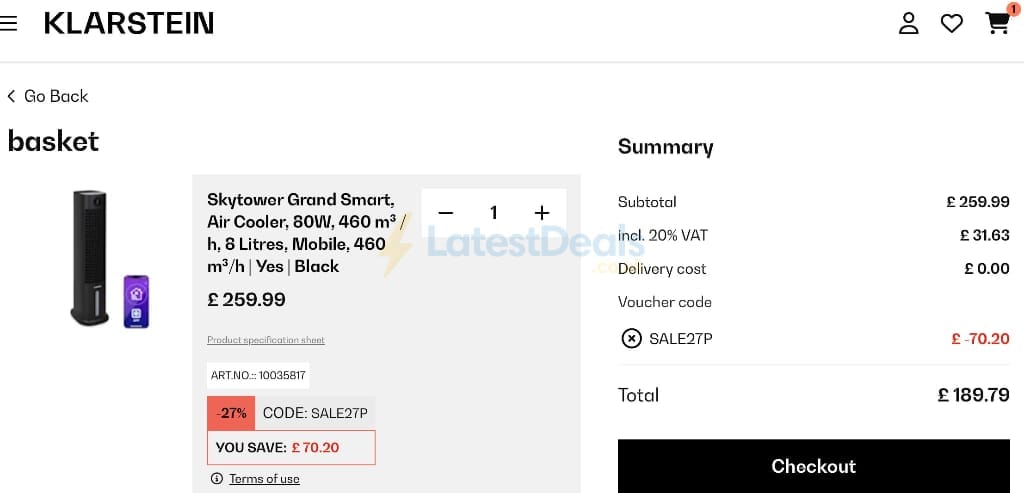 Screenshot of the Klarstein discount code working