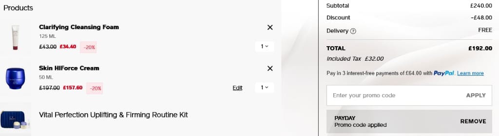 Screenshot of the Shiseido discount code working