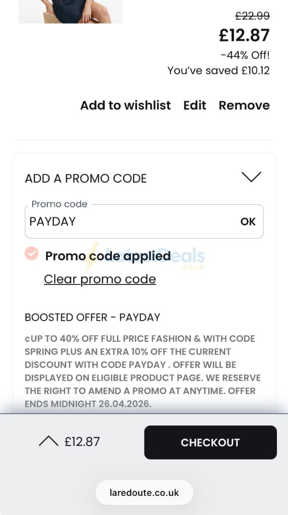 Screenshot of the La Redoute discount code working