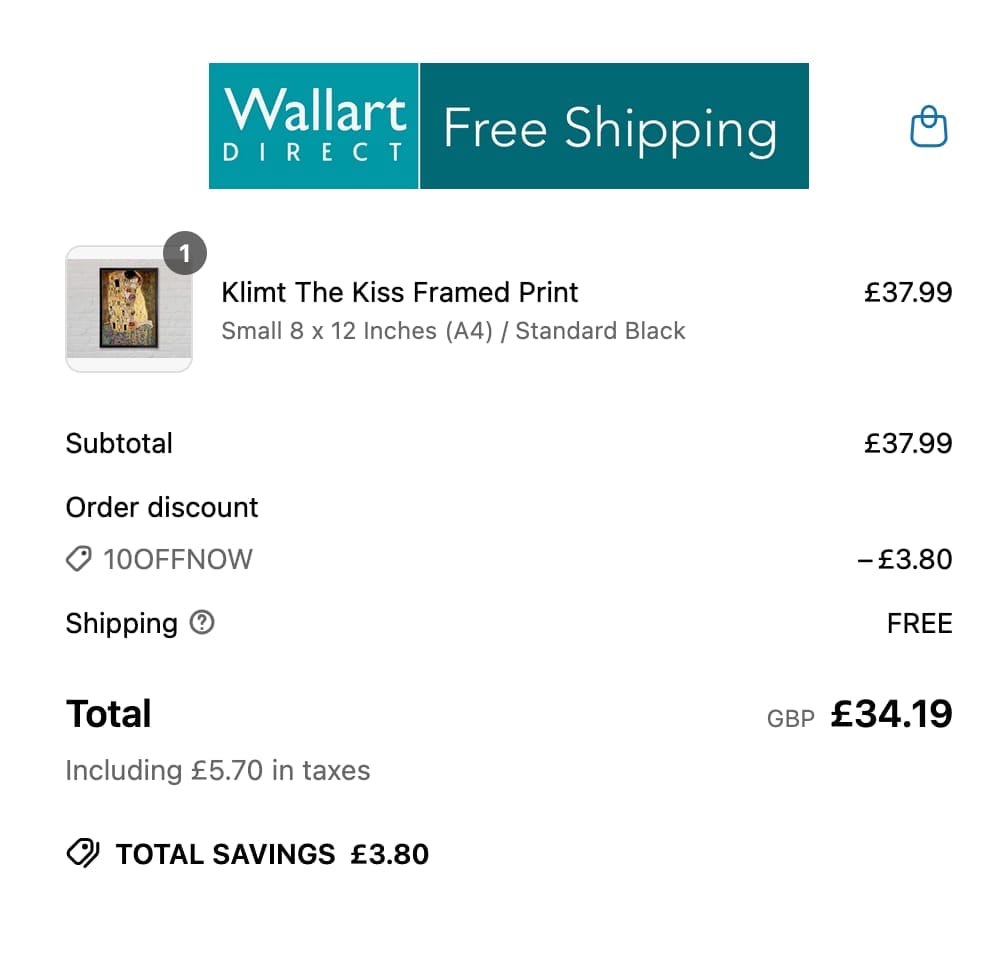 Screenshot of the Wall Art Direct discount code working