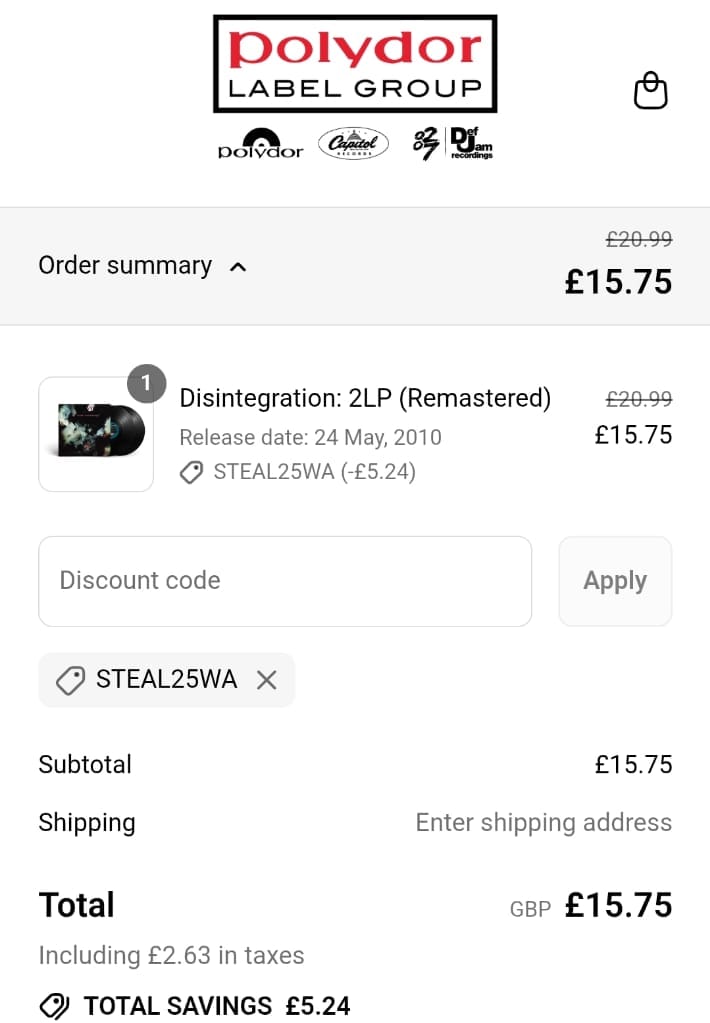 Screenshot of the Polydor Store UK discount code working