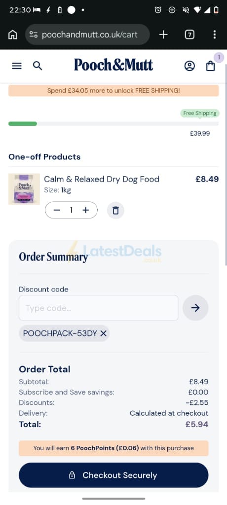 Screenshot of the Pooch & Mutt discount code working