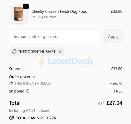 Screenshot of the Wilsons Pet Food discount code working