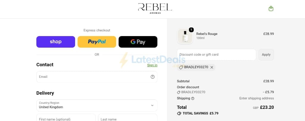 Screenshot of the Rebel Aromas discount code working