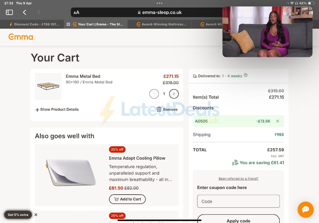 Screenshot of the Emma discount code working