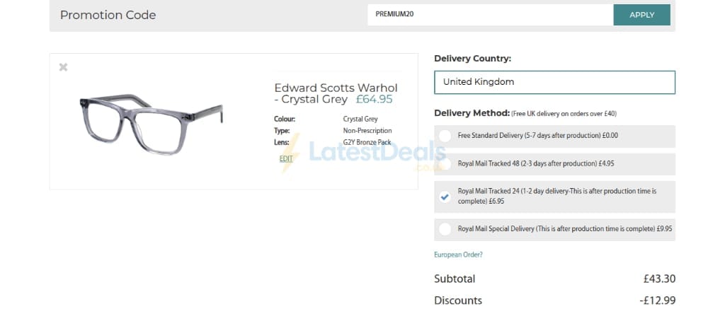 Screenshot of the Glasses2You discount code working