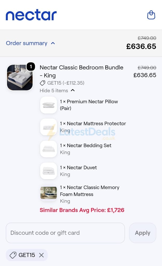 Screenshot of the Nectar Sleep discount code working