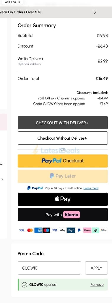 Screenshot of the Wallis discount code working