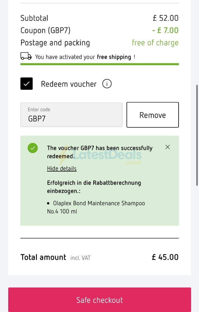 Screenshot of the Parfumdreams discount code working