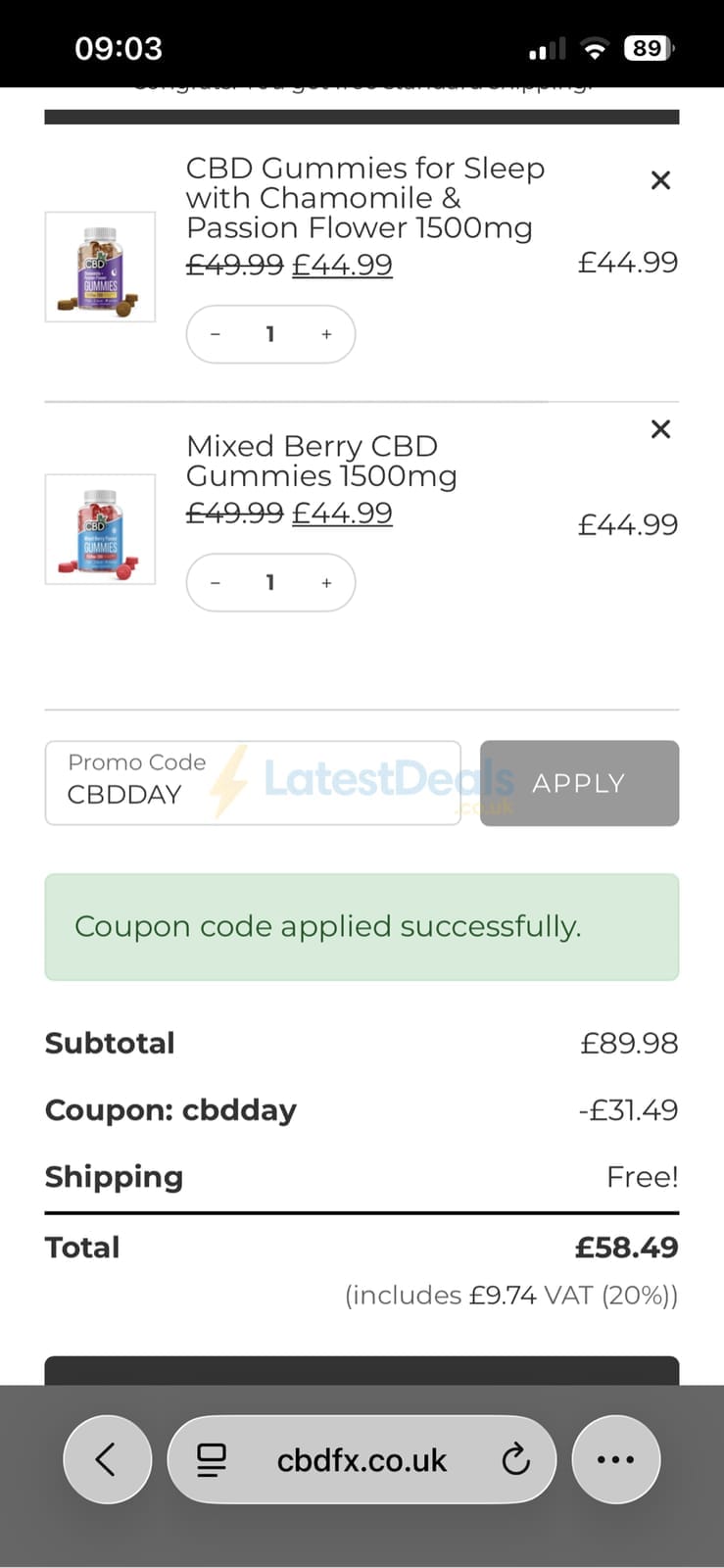Screenshot of the CBDFX discount code working