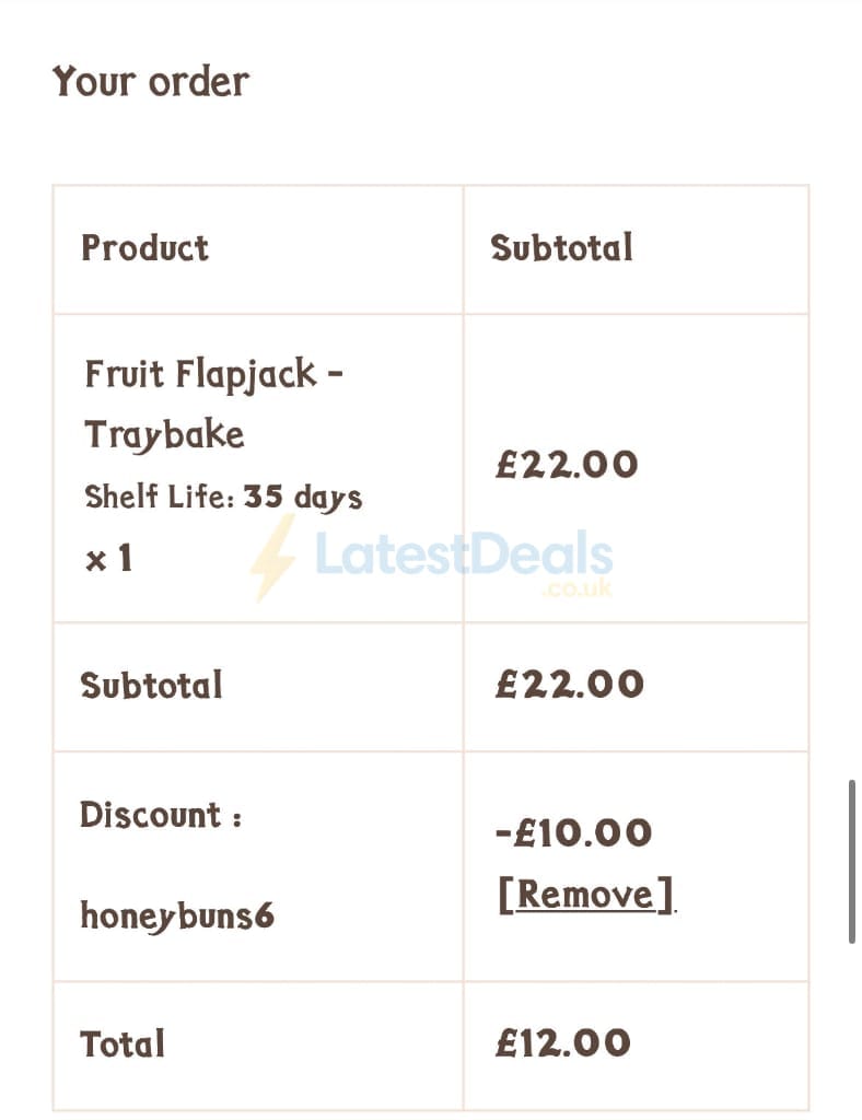 Screenshot of the Honeybuns discount code working