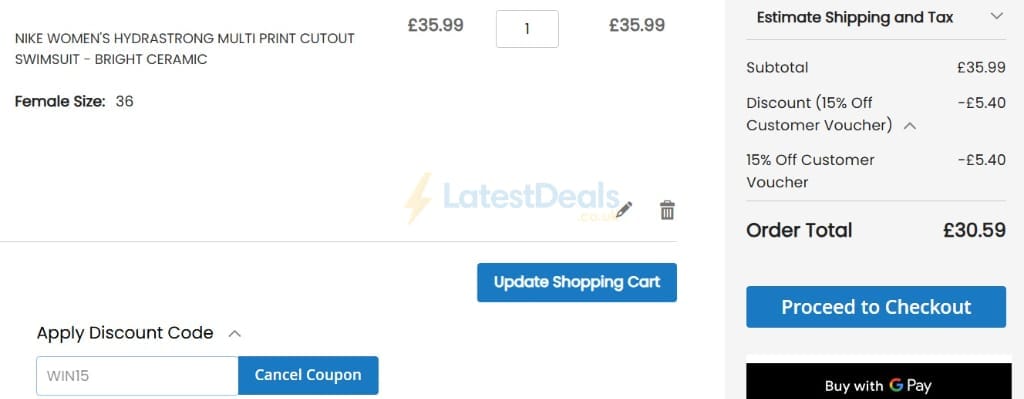 Screenshot of the ProSwimwear discount code working