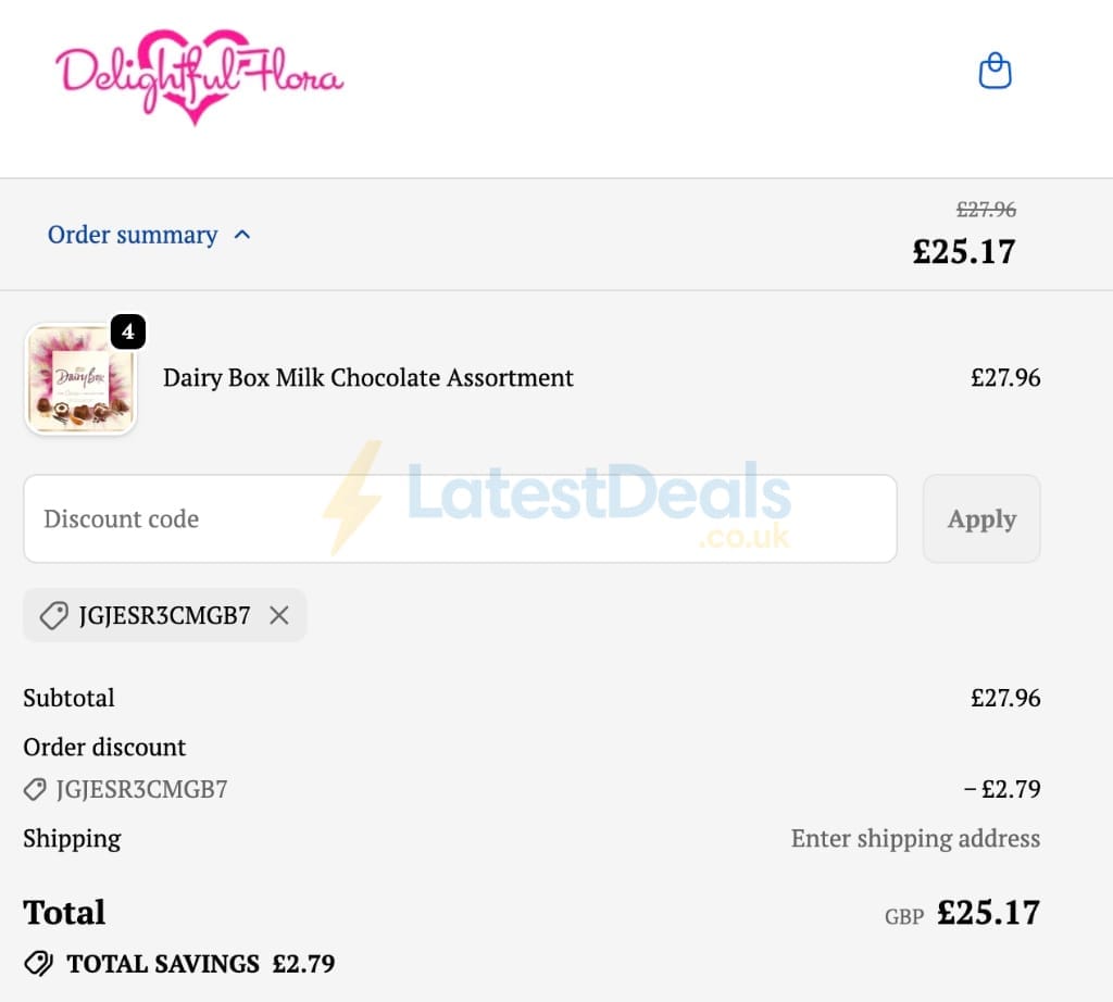Screenshot of the Delightful Flora discount code working