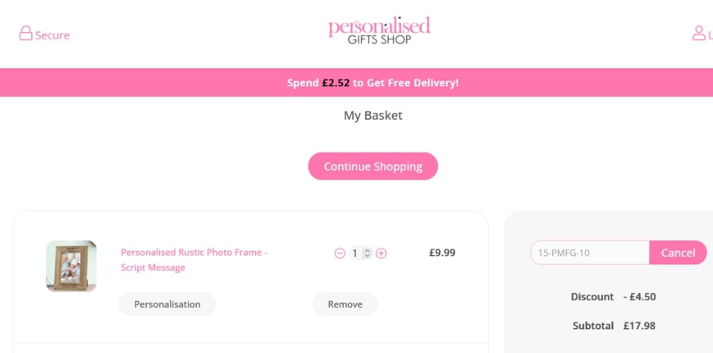 Screenshot of the Personalised Gifts Shop discount code working