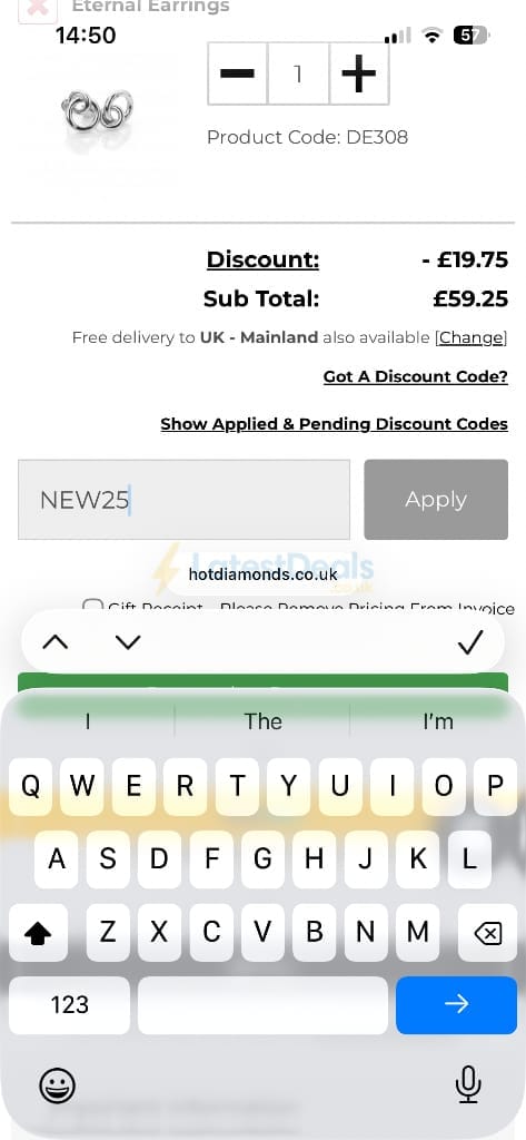 Screenshot of the Hot Diamonds discount code working