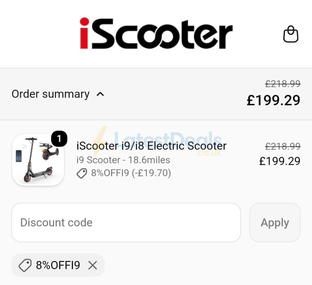 Screenshot of the iScooter discount code working